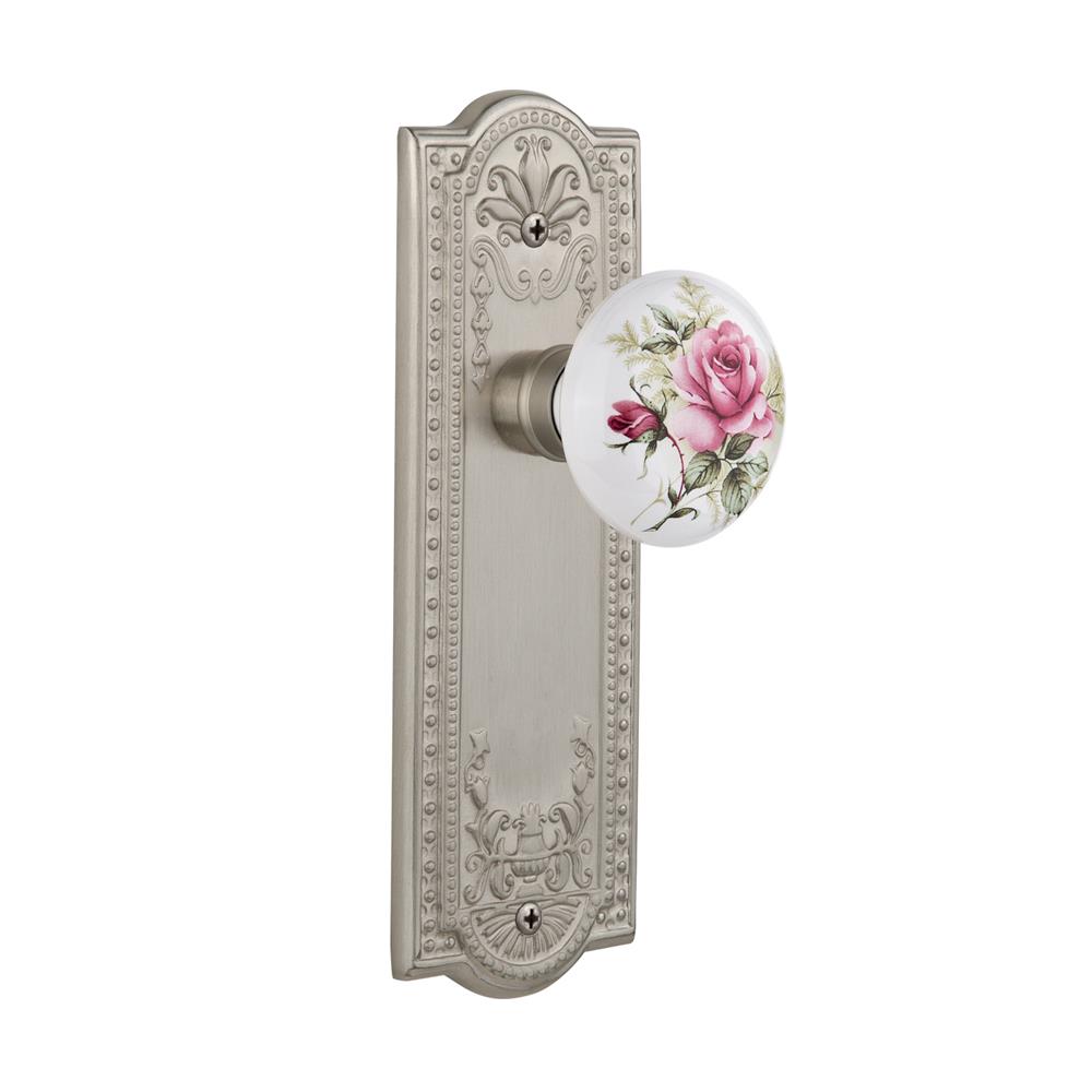 Nostalgic Warehouse MEAROS Privacy Knob Meadows Plate with Rose Porcelain Knob without Keyhole in Satin Nickel